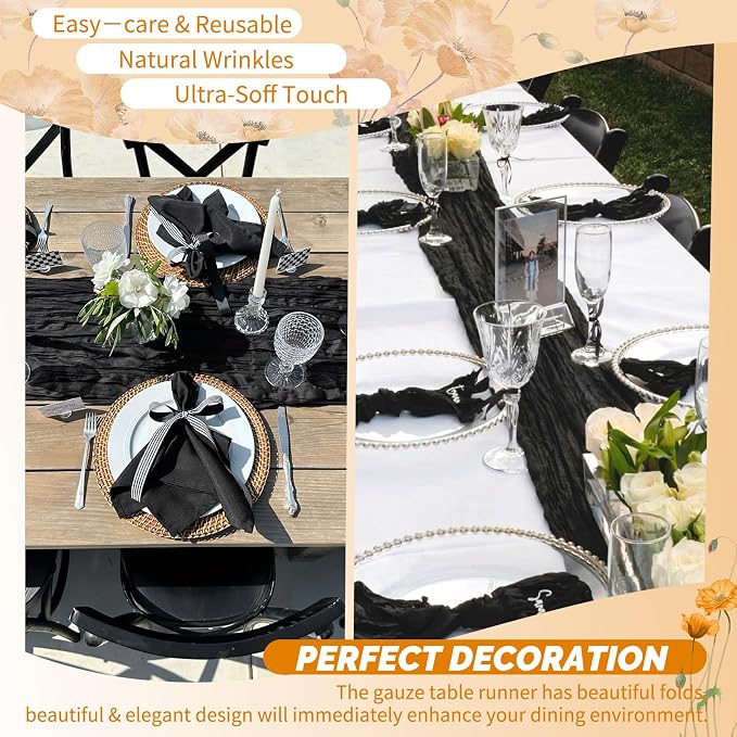 18 Pack Black Cheesecloth Table Runner 17 x 108 inch Boho Gauze Table Runner Rustic Sheer Cheese Cloth Table Decorations for Wedding Party Baby Bridal Shower Birthday Holiday Home