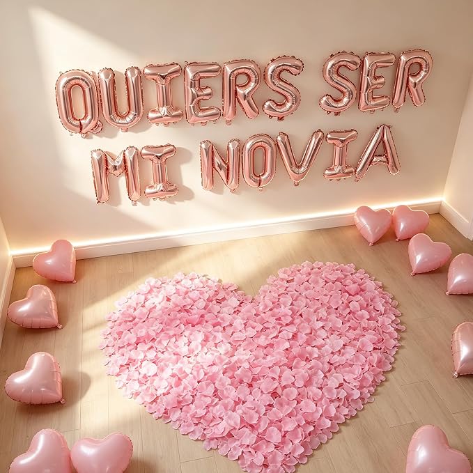 QUIERES SER MI NOVIA - 1200pcs Rose Gold Artificial Roses, 16" Letter Balloons, 18" Heart Balloons - Valentines Day Decorations