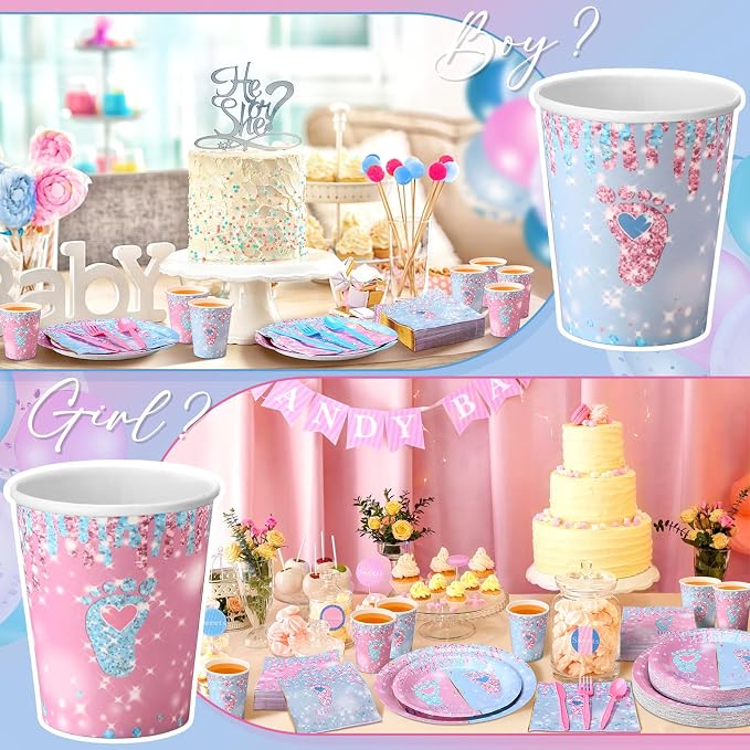 Funnymoom 400 Pcs Gender Revweal Party Supplies for 50 Guests Boy or Girl Gender Reveal Disposable Plates Napkins Cups Spoons Forks Knives for Birthday Baby Shower Party Favors