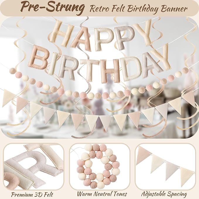 Kriyokiaa Pre-Strung Felt Happy Birthday Banner Retro Neutral Happy Birthday Party Decorations with Pom Pom Garland, Flag and Hanging Swrils for Women Men Boys Girls Party Decor