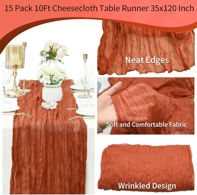 15 Pack Cheesecloth Table Runner Terracotta 10Ft Gauze Cheese Cloth Table Runner 35x120 Inch Rustic Boho Table Runners for Wedding Birthday Party Engagement Anniversary Bridal Baby Shower Winter Décor
