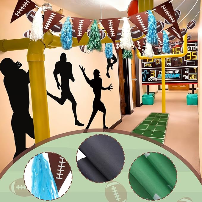 VioraWhite 15 Pcs Football Party Classroom Decorations 9.8 ft Field Aisle Rug, Black Pitching Decoration, Pennant Rugby Flag and Rugby Flag, Football Party Supplies for Classroom Sports Favors