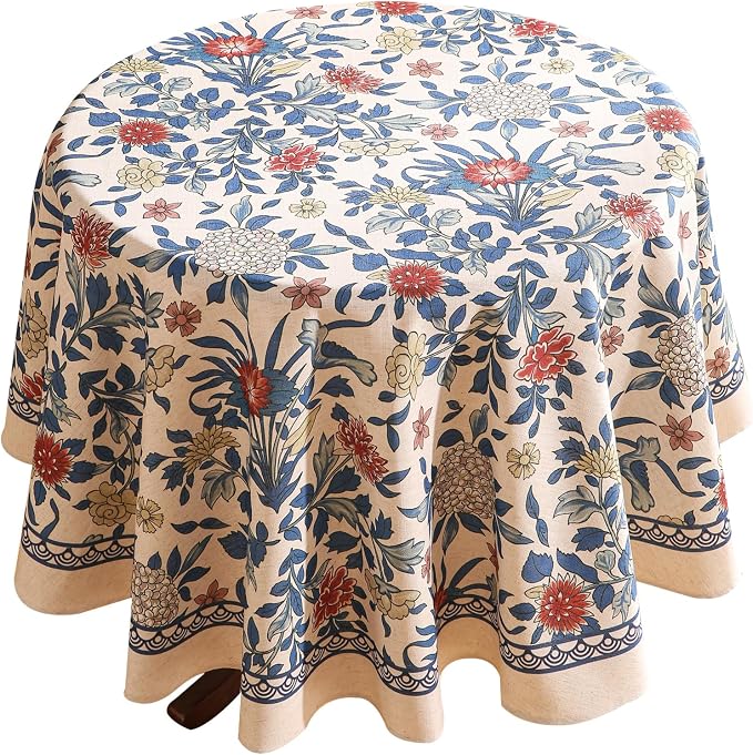 patdrea Vintage French Linen Tablecloth,Round,Diameter 67"-Ivar A | Elegant Colorful Table Cloth for Round Table,Blue and White Floral Patterned,Dining Room Tea Party Thanksgiving