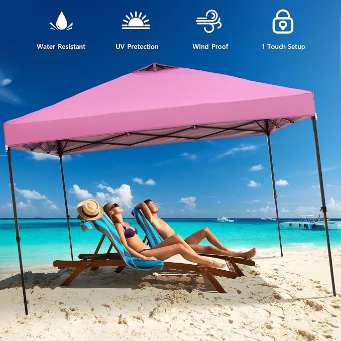 GDY 10x10 Pop Up Canopy Tent with 4 Sidewalls, Easy Set up, Outdoor Silver Coated Beach Gazebos, Carpas with 4 Sandbags, for Outdoor, Parties,Camping, Pink.