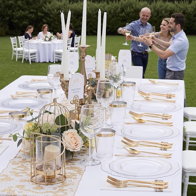 KIRE 210Pcs Clear and Gold Plastic Plates - Heavy Duty Clear Plates with Gold Rim - Disposable Dinnerware Sets of 60 Plastic Plate 90 Silverware 30 Cups 30 Napkins for Wedding/Mother's Day