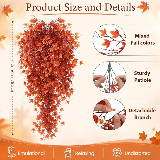 Daifunli 12 Pcs Artificial Fall Hanging Plants Fake Hanging Ferns Plastic Autumn Faux Plants for Wall Room Garden Garland Indoor Outdoor Decor No Basket (Maple Leaves)