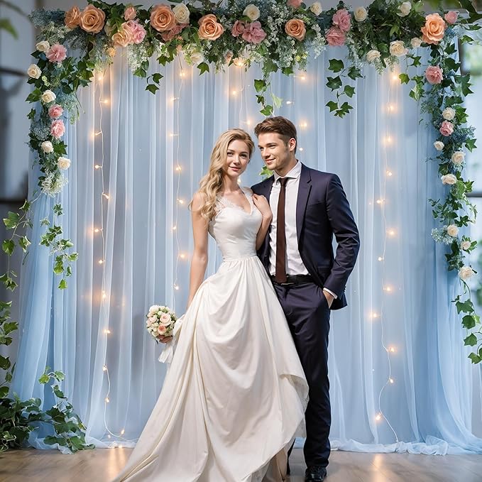 10x10ft Baby Blue Tulle Backdrop Curtain with Lights String for Parites, Sheer Photo Backdrop Curtain Drapes for Wedding Baby Shower Bridal Shower Birthday Party Photo Shoot Decorations