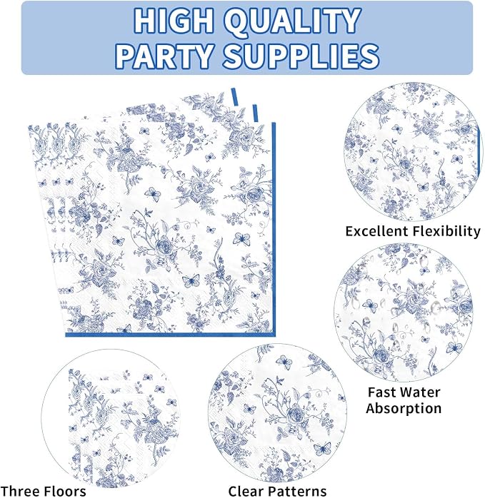 200Pcs Blue and White Floral Party Supplies Blue Floral Paper Plates and Napkins Disposable Vintage Flower Scalloped Tableware Set for Something Bridal Shower Decoration Wedding Tea Party Serve50