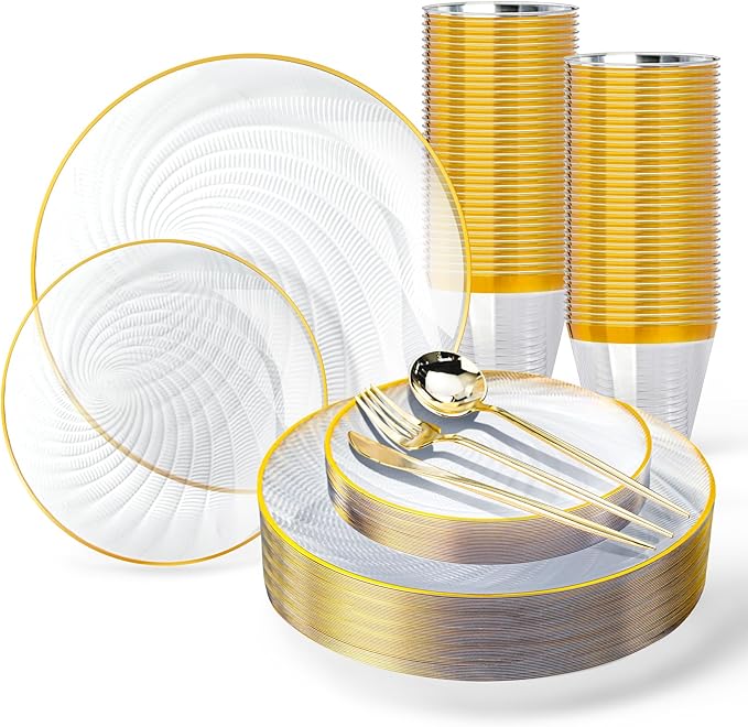 N9R 180 PCS Disposable Dinnerware Set with Gold Rim Clear Plastic Plates for 30 Guests, Include 30 Dinner Plates, 30 Dessert Plates, 30 Cups, 90 Heavy Duty Gold Plastic Silverware for Party & Wedding