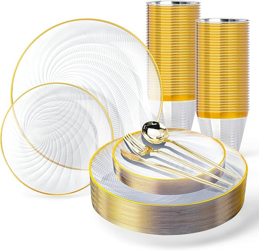 N9R 180 PCS Disposable Dinnerware Set with Gold Rim Clear Plastic Plates for 30 Guests, Include 30 Dinner Plates, 30 Dessert Plates, 30 Cups, 90 Heavy Duty Gold Plastic Silverware for Party & Wedding