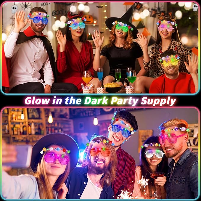 80 Pcs Glow in the Dark Party Supplies Light Up Party Favors LED Light Up Glasses LED Flower Crown Headband Glowing Floral Wreath Crown Neon Flash Glasses for Birthday Wedding Gift