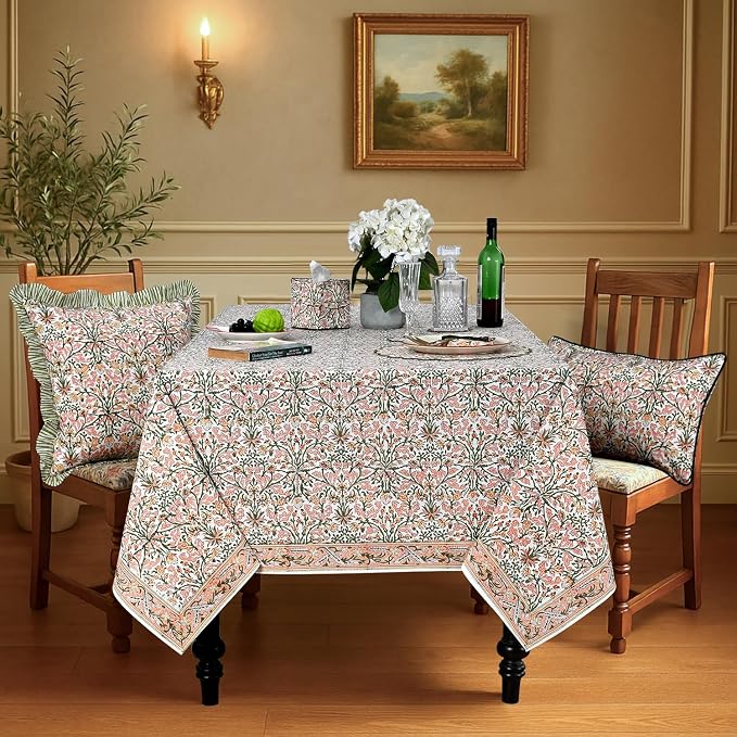Ridhi Sassy Salmon and Emerald Green Hand Block Print Cotton Rectangle Tablecloth 90" x 60" inches Reusable Table Cover Decorative Everyday Use for Dining Room, Farmhouse, Gift Spring, Mother's Day
