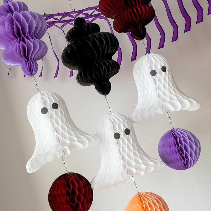 Eco-Friendly Paper Party Decoration Set - Halloween Ghost Party Honeycomb - Made in the USA Plastic-Free FSC Sustainable Recyclable Reusable Pack