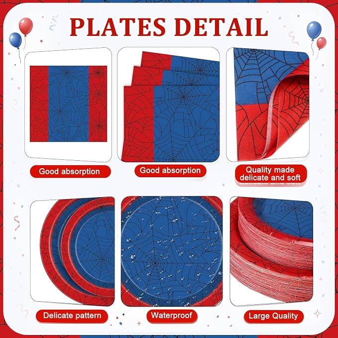 400 Pcs Spider Birthday Party Decoration for 50 Guests, Red Blue Paper Plates Napkins Cups Tablecloth Cutlery Disposable Tableware Set for Spider Web Party Supplies