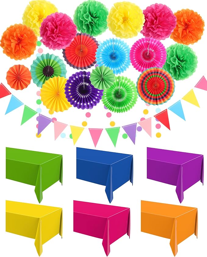 Fullhawl 27 Pcs Mexican Party Decoration, 6 Pack Disposable Tablecloth 21 Pcs Hanging Paper Fans, Pom Poms Flowers, Garland String Polka Dot and Triangle Flag Set for Rainbow Birthday Fiesta Party