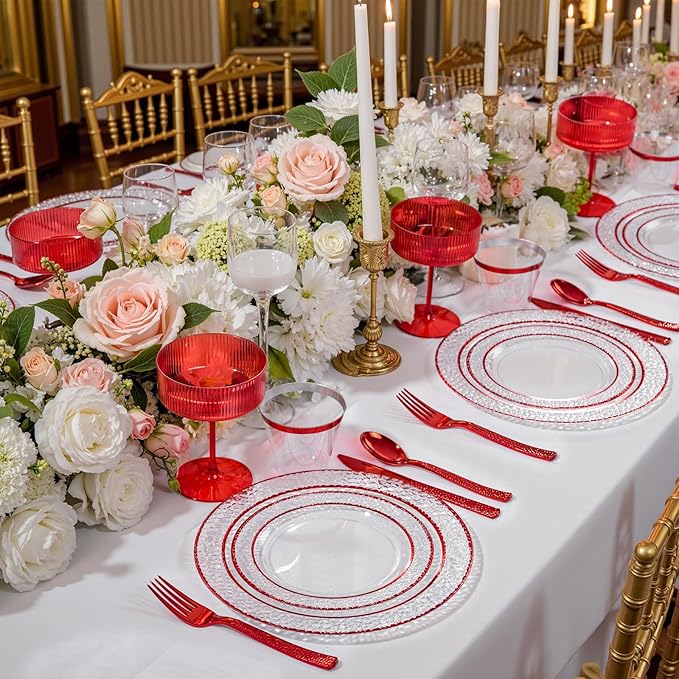 Ciaell 150 PCS Red Plastic Plates – Clear Hammered Disposable Plates with Red Rim include 50Plates, 25Forks, 25Knives, 25Spoons, 25Cups for Wedding & Party & Anniversary & Mother's Day