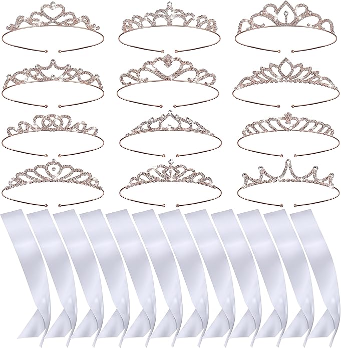 12 Set Crown and Sashes Set Blank Satin Sashes for Pageants Rhinestone Prom Queen Tiara Crown White Blank DIY for Birthday Holiday Wedding Bridal Shower Prom Party Supplies