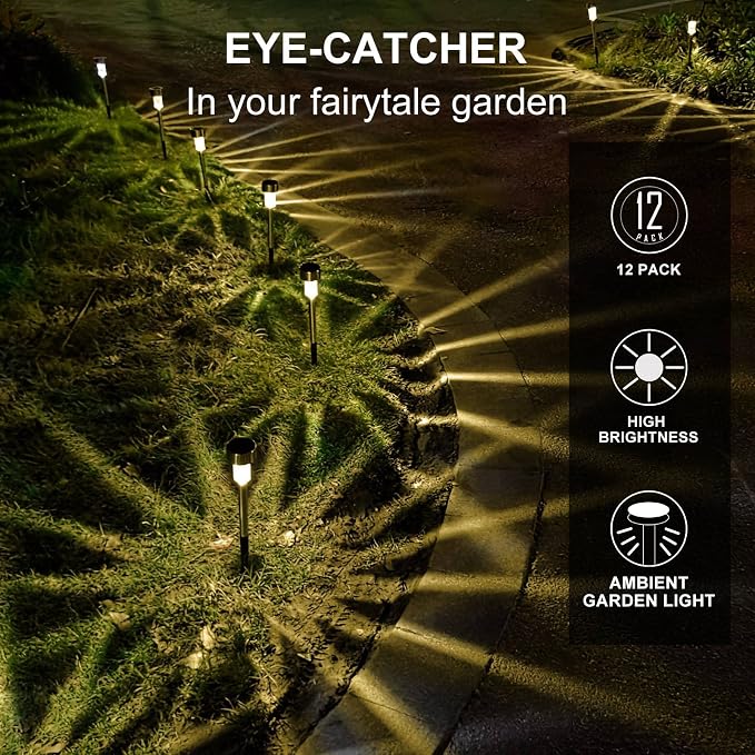 Dream Master Solar Lights Outdoor Waterproof, Stainless Steel LED Landscape Lighting, Solar Garden Lights, Outdoor Decorations for Yard, Pathway, Walkway, Patio, Lawn - 16 Pack (Warm White)