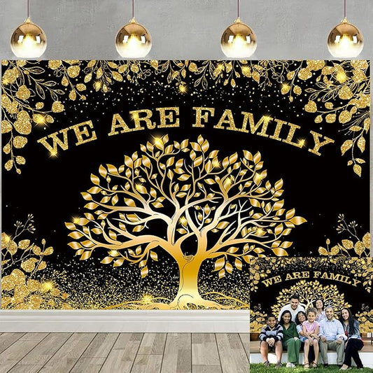 Family Reunion Backdrop Black Gold We are Family Photography Background Family Tree Banner for Welcome Home Member Gathering Party Decorations Supplies Photo Props (82x59 inch (7x5FT))