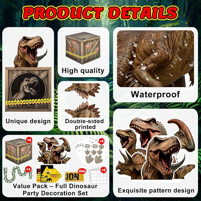 Dinosaur Party Decorations Set – 6 Dino Boxes with 3D Toppers, 4 Signs, 2 Vines, Caution Tape & 40 Footprint Stickers – Dino Birthday Supplies, Baby Shower & Jurassic Room Decor