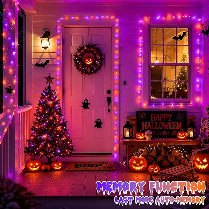 QITONG 4 Pack Solar Halloween Lights, Each 33ft 100 LED Orange and Purple Fairy Lights Outdoor Waterproof, 8 Modes Copper Wire Solar String Lights