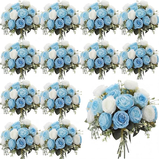 Geosar 24 Bundles Artificial Peonies Flowers Fake Silk Peony Bouquet Faux Peonies Flower Bulk for Decoration Vase Floral Arrangements Wedding Party Table (Blue,White)