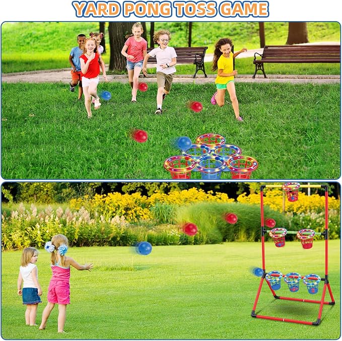 Backyard Lawn Games for Adults Kids - 3-in-1 Yard Pong with 6 Light Up Basket, Ladder Ball and Bean Bag Toss Game - Outdoor Yard Tailgate Game for Family Parties