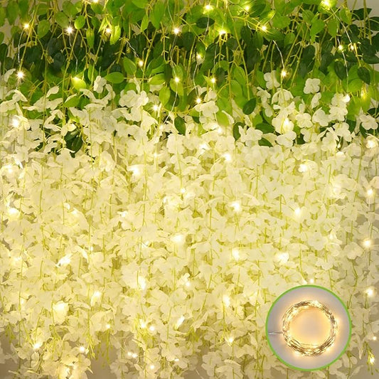 12Pcs Artificial Wisteria Hanging Flowers with Lights, 3.6Ft/Pcs White Fake Wisteria Garland for Wedding Party Home Garden Indoor Outdoor Decoration