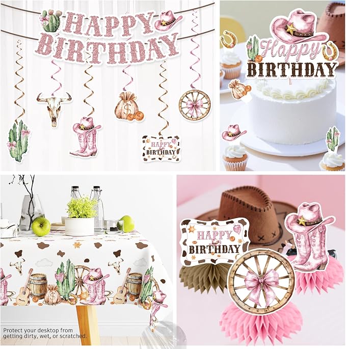 Xynic 214pcs Western Cowgirl Birthday Party Decorations Tableware Set, 25 Serves Disposable Cowgirl Plates and Napkins Set, with Backdrop, 2pcs Tablecloth, for Pink Western Party Decorations