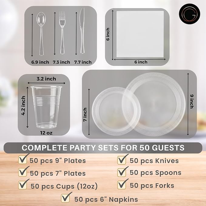 350 Piece Frost & Clear Disposable Dinnerware Set 50 Guests, Plastic Party Plates And Cups And Napkins Sets - 50 Count 9" Dinner Plates, 7" Dessert Plates, 12oz Cups, Paper Napkins,Forks-Knives-Spoons
