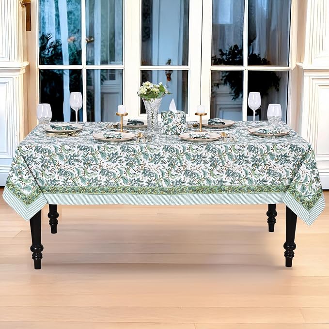 Ridhi Sage and Russian Green Hand Block Print Cotton Rectangle Tablecloth 160" x 72" inches Reusable Table Cover Decorative Everyday Use for Dining Room, Farmhouse, Home Gift for Spring, Mother's Day
