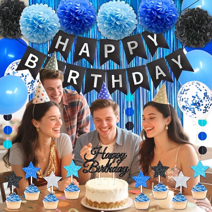 Blue and Black Birthday Decorations, 50PCS Happy Birthday Decorations for Men with Banner Balloons Sash Foil Fringe Curtain Paper Pompoms, Blue Party Decoration Party Supplies for Boys Kids