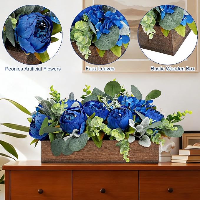 Royal Blue Flower Centerpieces for Table, Pre-Made Artificial Peony Hydrangea Centerpieces for Dining Table Wood Flowers Centerpieces for Wedding Graduation Living Room Party Bar Kitchen Table