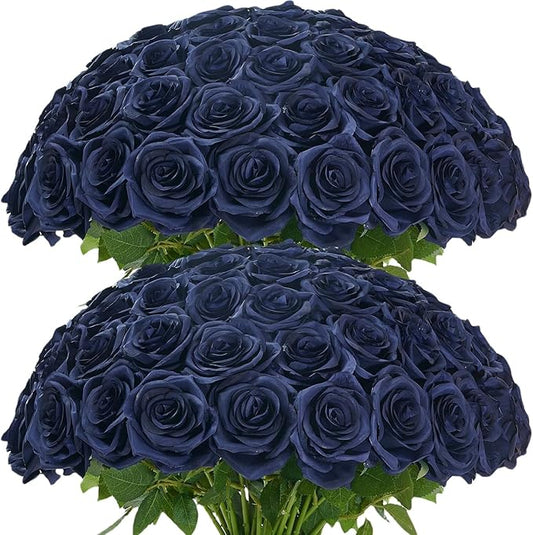 100 Pcs Fake Navy Blue Roses, Artificial Navy Flowers Bulk Realistic Silk Faux Roses with Stems for Wedding Table Centerpieces Bridal Bouquet DIY Floral Arrangement Event Party Home