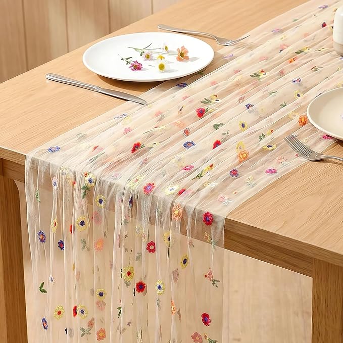 QueenDream 3 Packs Champagne Table Runner Sheer Tulle Gauze Embroidery Daisy Table Runner Fabric for Wedding Home Party Holiday Table Decortaions