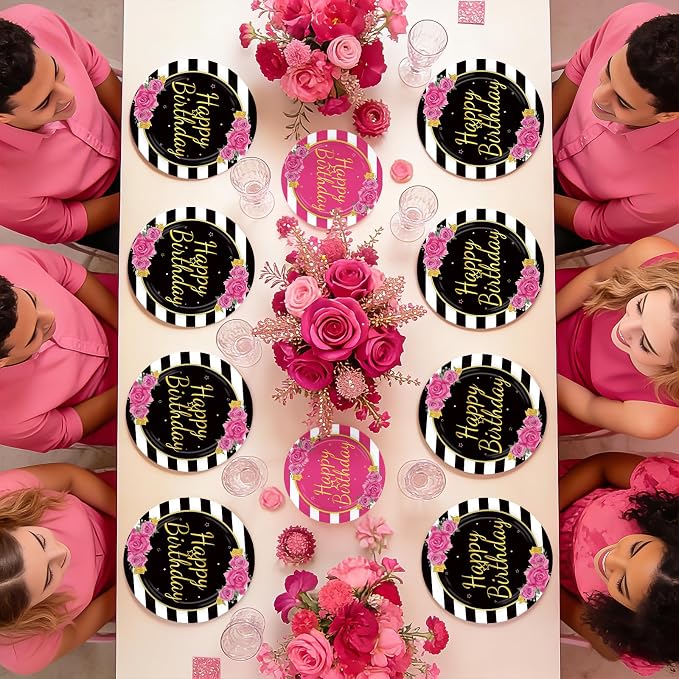 96Pcs Black and Pink Birthday Party Supplies Happy Birthday Plates and Napkins Hot Pink Rose Black White Stripe Tableware Set for Girls Women Couple Birthdays Party Supplies Serves 24