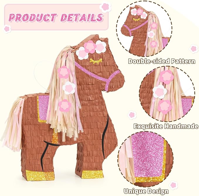 WERNNSAI Horse Piñata - Cowgirl Birthday Party Decorations Pink Brown Horse Piñata with Blindfold and Bat Western Cowgirl Party Favors for Kids Boys Classroom Activities Kentucky Derby Games