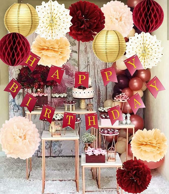 Burgundy Gold Birthday Party Decorations for Women/Maroon Gold HAPPY BIRTHDAY Banner Polka Dot Fans for Fall Women 30th/40th/50th Birthday Decorations Maroon