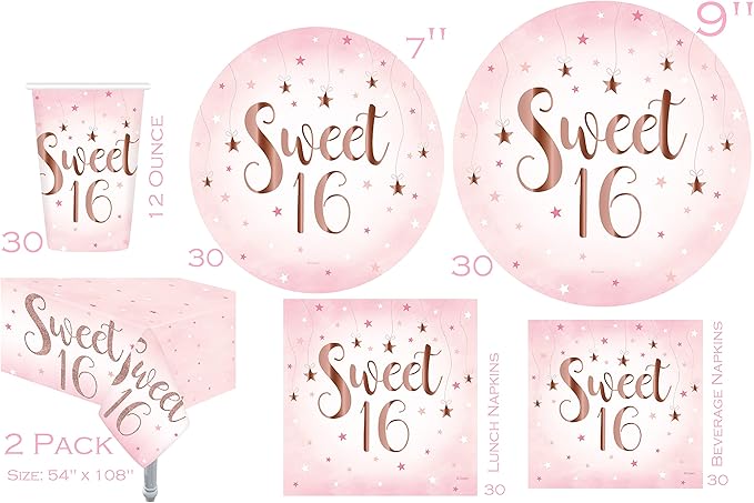 Serves 30,Ultimate Sweet 16 Birthday Party Supplies,Rose Gold Foil Theme,9" Dinner Paper Plates,Cake Topper Photo Props,Ideal for Sweet 16 Birthday Party Celebration Decoration