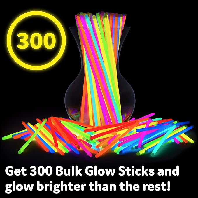 Party Sticks Glow Sticks Jewelry Bulk Party Favors 300pk and Connectors - 8" Glow in the Dark Party Supplies, Neon Party Glow Necklaces and Glow Bracelets for Kids and Adults