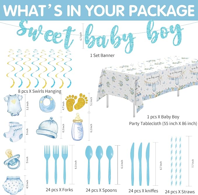 Srua Don Baby Boy Baby Shower Decorations, Blue Floral Sweet Baby Boy Party Supplies, Plate, Napkin, Cup, Tablecloth, Banner, Swirls, Cutlery, Boy Gender Reveal Table Decorations, Serves 24