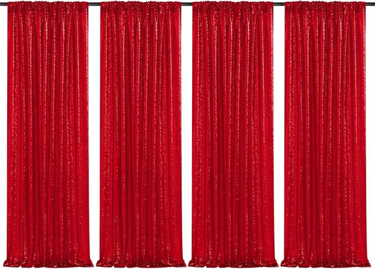 Red Sequin Backdrop Curtains-4 Panels 2FTx8FT Red Backdrop for Valentines Day, Glitter Party Decorations Background Drapes for Wedding Birthday Anniversary Graduation Photo Booth Decor