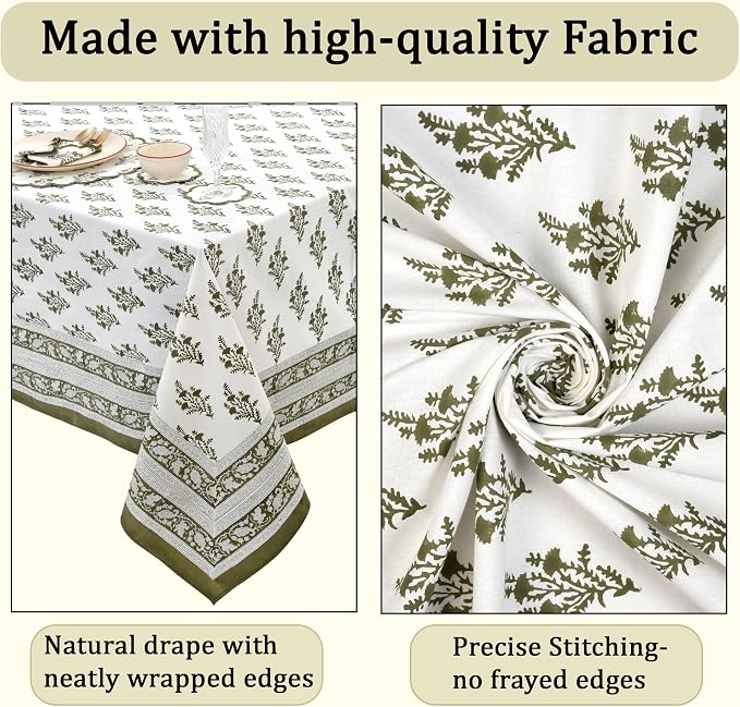 Ridhi Block Print Nature Spring Rectangle Cotton Tablecloth 140" x 72" Reusable Table Cover Decorative Everyday Use for Dining, Farmhouse, Home Gift for Spring, Easter, Valentine