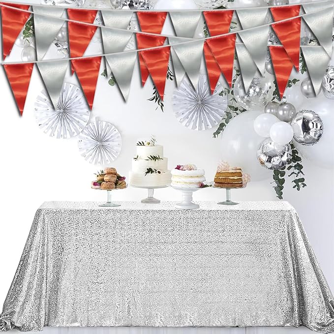 130FT Red Silver Triangle Pennant Banner Flag Metallic Fabric Bunting Garland for Christmas Graduation Wedding Engagement Anniversary Bachelorette Birthday Bridal Shower Valentines Hen Party Supplies