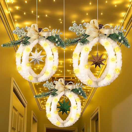 Chunful 3 Pcs Christmas Neutral Hallway Ceiling Decorations Set Rustic Xmas Farmhouse Hanging Ornaments for Ceiling Large White Fur Plush Christmas Hanging Decor Balls Xmas Magical Light Hallway Decor