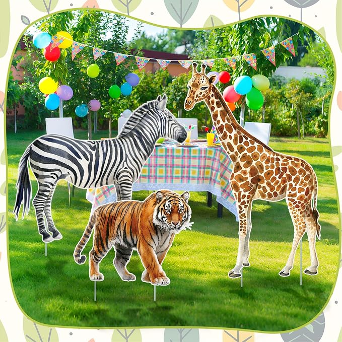 Amyhill 3 Pcs Jungle Safari Animal Cardboard Cutout Standup Life Size Safari Birthday Party Decorations Tiger Giraffe Zebra Cardboard Cutouts for Baby Shower Birthday Party Photo Backdrop Favors