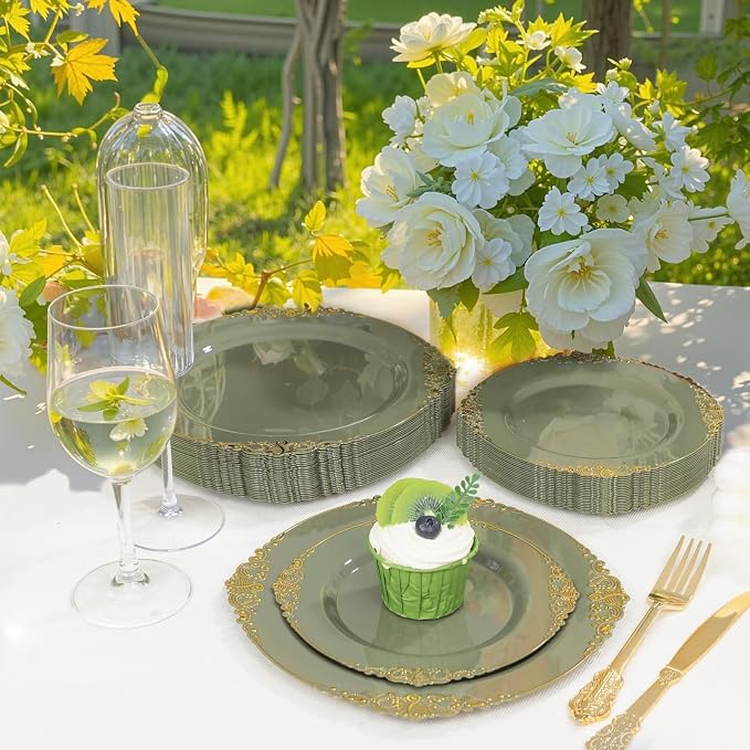 125PCS Olive Green Plastic Plates - Green and Gold Disposable Plates - Vintage Plate with Gold Plastic Silverware Sets for 25 Guests for Wedding & Party & Holiday