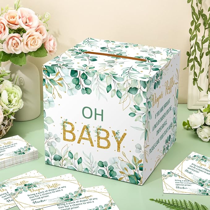 Teling 51 Pieces Diaper Raffle Tickets with Card Box Baby Shower Decorations Baby Shower Holder Box for Girl Boy Diaper Raffle Party(Green Leaf Style)