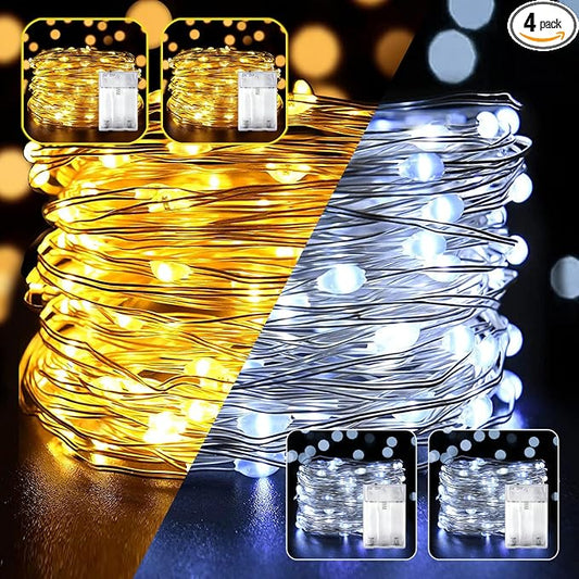 4 Pack LED Fairy Lights Battery Operated 20FT 60 LEDs Silver Wire String Lights Twinkle Lights Starry Fairy Lights for Bedroom Christmas Wedding Party Indoor Outdoor Decor, Warm White + Cool White