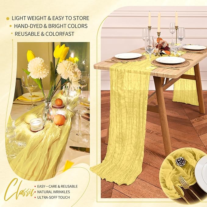 20 Pack Light Yellow Cheesecloth Table Runner 10FT Boho Gauze Cheese Cloth Table Runners Romantic Rustic Sheer Table Decorations for Wedding Party Baby Shower Birthday Holiday Home